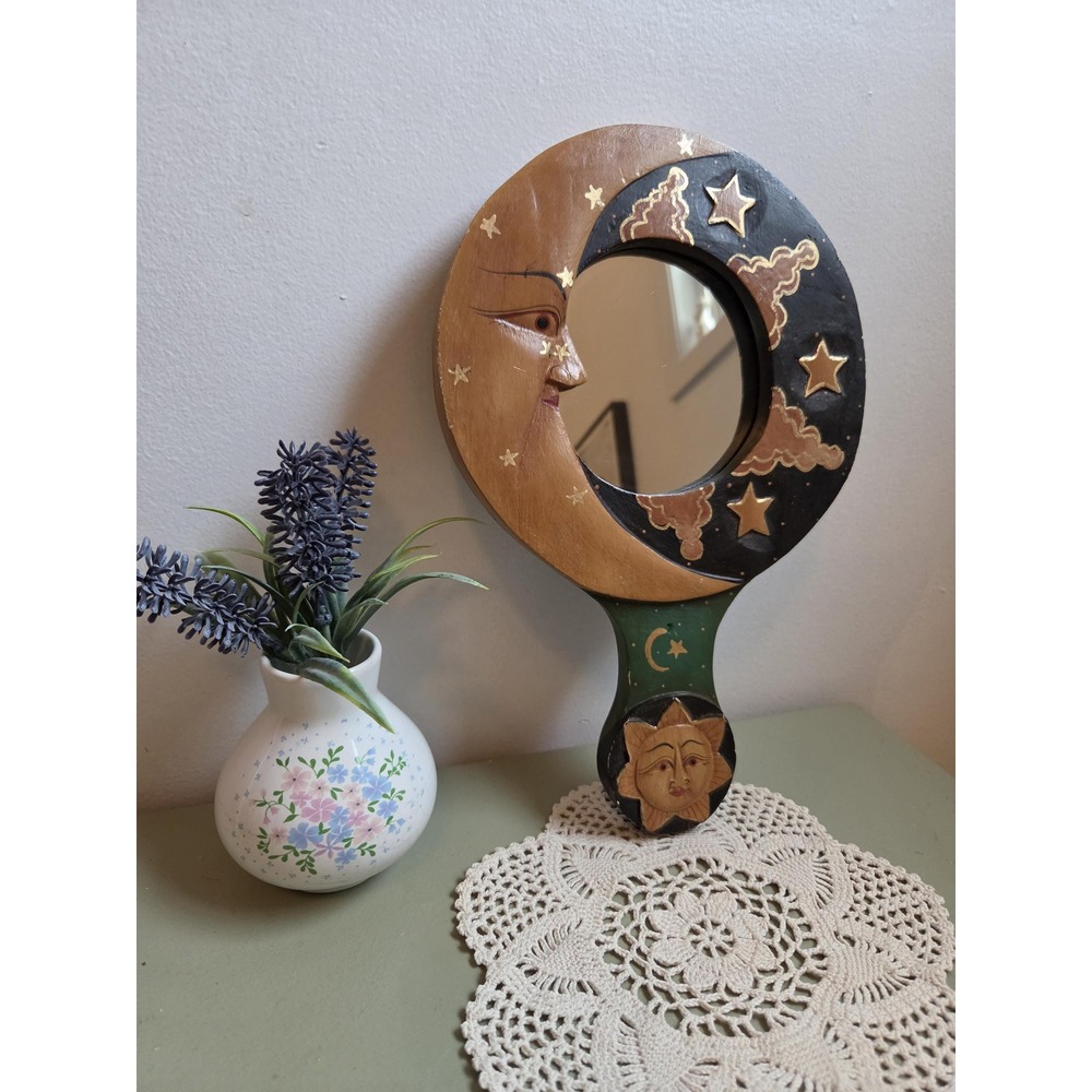 Celestial Sun Moon Mirror Carved Wood Wall Decor Stars Boho Indonesia #1